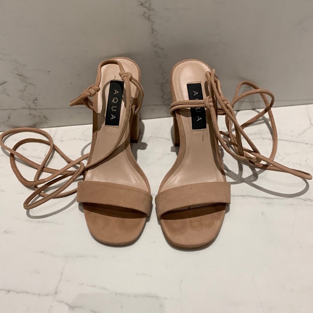 Aqua Nude Strappy Ankle Wrap Block Heel Sandals